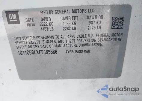 2015 Chevrolet Malibu 1Lt z USA, uszkodzony, nr VIN 1G11C5SLXFF195636